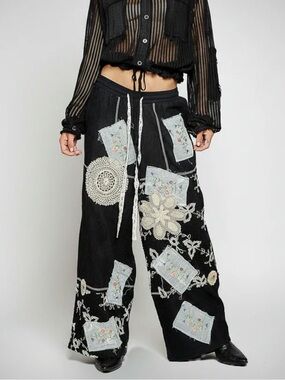 New: POL Embroidered Mixed Floral Patchwork Boho Wide Leg Pants• Large